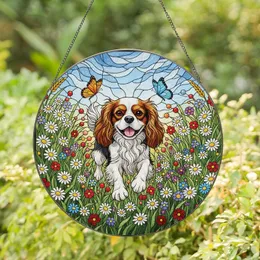 Cavalier King Charles Spaniel Lovers' Joyful Tiffany Stained Glass Dog Meadow & Butterflies Stained Glass Suncatcher