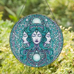 Celestial Art Fans' Tiffany Stained Glass Triple Goddess Design Teal Aqua Lavender Jewel Tones Intricate Mosaic Celestial Pattern Stained Glass Suncatcher