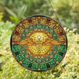 Art Enthusiasts' Intricate Tiffany Stained Glass Caduceus Wings Yellow Teal Orange Green Mosaic Stained Glass Suncatcher