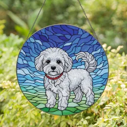 Bichon Frise Lovers' Fluffy White Dog Stained Glass Tiffany Style Jewel Tone Intricate Mosaic Sky Cloud Pattern Stained Glass Suncatcher