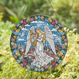 Art Lovers' Tiffany Stained Glass Angel-like Woman Floral Harp Jewel Tone Cityscape Mosaic Stained Glass Suncatcher