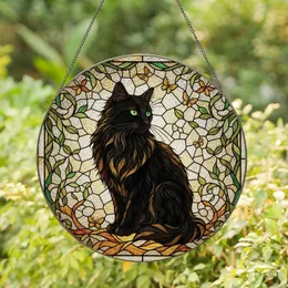 Cat Lovers' Elegant Black Cat Tiffany Stained Glass Emerald Green Eyes Amber Gold Mosaic Stained Glass Suncatcher