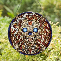 Fantasy Art Admirers' Vibrant Stained Glass Chihuahua Skull Day of the Dead Floral Filigree Jewel Tones Stained Glass Suncatcher