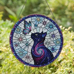 Celestial Cat Lovers' Black Cat Galaxy Nebula Tiffany Stained Glass Butterfly Mosaic Art in Blues & Pinks Stained Glass Suncatcher