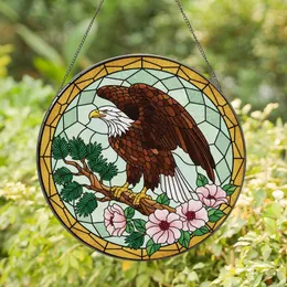 Stained Glass Art Enthusiasts' Tiffany Style Bald Eagle, Pink Flowers, Golden Amber Web Mosaic Stained Glass Suncatcher
