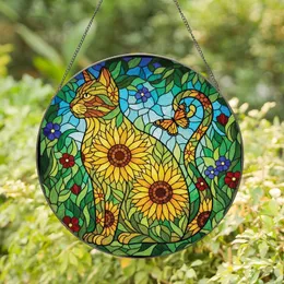 Cat Lovers' Vibrant Jewel Tone Sunflower Cat Stained Glass Garden Pattern Stained Glass Suncatcher