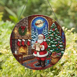 Christmas Art Lovers' Detailed Tiffany Stained Glass Jolly Santa Fireplace Christmas Tree Moonlight Sleigh Scene Jewel Tones Stained Glass Suncatcher