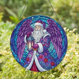 Holiday Art Collector Vibrant Stained Glass Santa Purple Angel Wing Teal Celestial Winter Floral Mosaic Stained Glass Suncatcher