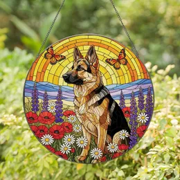 German Shepherd Lovers' Tiffany Stained Glass Dog Art: Poppies, Lupines, Butterflies, Sunset Sky Stained Glass Suncatcher