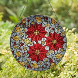 Festive Art Lovers' Jewel Tone Red Poinsettia Tiffany Stained Glass Gold Leaf Mosaic Stained Glass Suncatcher