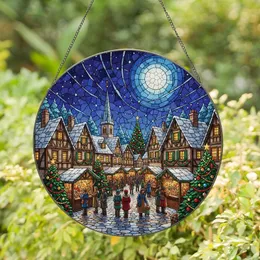 Christmas Art Lovers' Intricate Jewel Tone Stained Glass Village Night Sky Mosaic Stained Glass Suncatcher