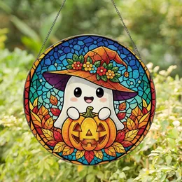 Autumn Enthusiasts' Whimsical Stained Glass Chibi Ghost Witch Hat Jack-o'-Lantern Fall Jewel Tones Stained Glass Suncatcher
