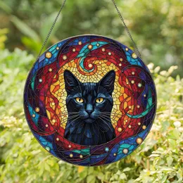 Cat Lovers' Tiffany Stained Glass Black Cat Piercing Golden Eyes Jewel Tone Mosaic Energy Pattern Stained Glass Suncatcher