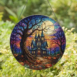 Spooky Season Fan's Jewel Tone Gothic Haunted Mansion Stained Glass Forest Mosaic Stained Glass Suncatcher