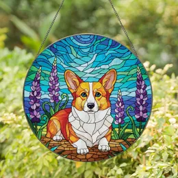 Corgi Lovers' Orange & White Pembroke Corgi Stained Glass Art with Purple Lupines & Blue Mosaic Stained Glass Suncatcher