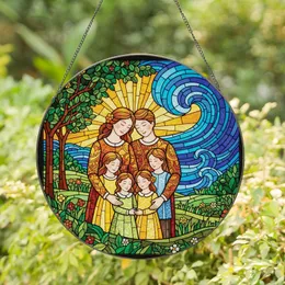Family Art Lovers' Vibrant Stained Glass Family Embrace Intricate Mosaic Blue Green Orange Yellow Stained Glass Suncatcher