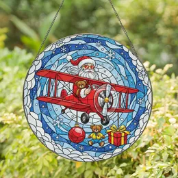 Christmas Lovers' Tiffany Style Stained Glass Santa Biplane Winter Sky Mosaic Red Blue Stained Glass Suncatcher