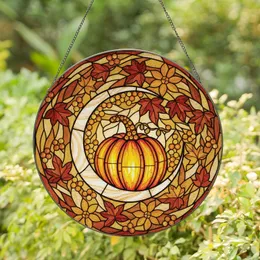 Autumn Lovers' Tiffany Stained Glass Luminous Pumpkin Iridescent Crescent Moon Amber Floral Mosaic Stained Glass Suncatcher