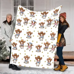 Cute Chibi Calf Cowboy Cowgirl Western All-Over Pattern in White, Blue, Brown, Yellow Quilt Bedding Set