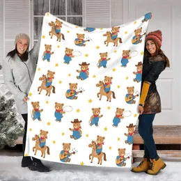 Whimsical Cartoon Cowboy Bear Pattern: Brown Bears, Blue Overalls, Red Bandanas, Yellow Stars Quilt Bedding Set