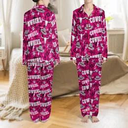 Women's Hot Pink Grunge Cowgirl Sleep Set: Short Sleeve Top, Leopard Hats & Bull Skulls Satin Pajamas Set