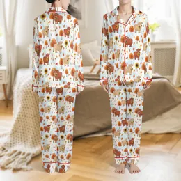 Women's Whimsical Highland Cow Design: Autumn Floral & Sunflower Satin Sleep Ensemble Satin Pajamas Set