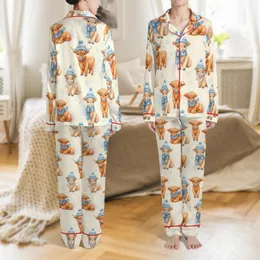 Highland Cow Whimsical Watercolor Calf Winter Snowflake Sublimation PNG Download Satin Pajamas Set
