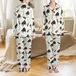 Music Lover's Whimsical Black Grand Piano Brown Violin Teal Harp Musical Notes Design Satin Pajamas Set