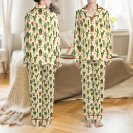 Women's Plant Lover Potted Cactus Succulent Creamy Yellow Satin Short-Sleeve Sleep Set Satin Pajamas Set