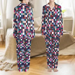 Women's Personalized Short Sleeve Long Pants Silky Pajamas Set: Abstract Geometric Panels Design Satin Pajamas Set