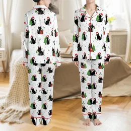 Women's Whimsical Black Cat Christmas Sleep Set: Santa Hat & Lights Polyester Spandex Loungewear Satin Pajamas Set