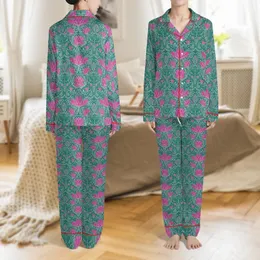 Women's Fuchsia Teal Botanical Damask Lotus Lily Pattern 22 Momme Mulberry Silk Pajama Set Satin Pajamas Set