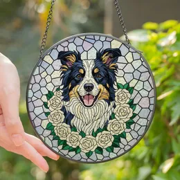 Border Collie Lovers' Intricate Stained Glass Border Collie Rose Wreath Mosaic Art Glowing Jewel Tones Stained Glass Suncatcher