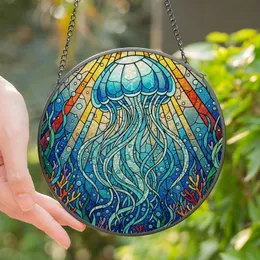 Ocean Lovers' Vibrant Tiffany Style Stained Glass Jellyfish Ocean Mosaic Deep Blue Aqua Gold Stained Glass Suncatcher