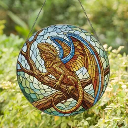 Reptile Lovers' Glowing Stained Glass Bearded Dragon, Tiffany Style Amber Blue Wings, Intricate Golden Yellow Brown Branch Mosaic Stained Glass Suncatcher