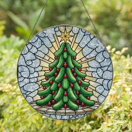 Whimsical Holiday Art Lover's Emerald Green Ruby Red Stained Glass Pickle Christmas Tree Stained Glass Suncatcher