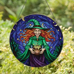 Fantasy Lovers' Stained Glass Art Grinning Witch Cauldron Vibrant Green Orange-Red Jewel Tones Night Sky Mosaic Stained Glass Suncatcher