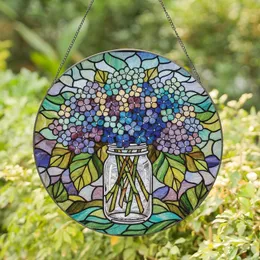 Art Lovers' Vibrant Tiffany Style Stained Glass Hydrangea Bouquet Jewel Tone Blue Purple Teal Amber Yellow Mosaic Stained Glass Suncatcher