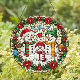 Festive Family Vibrant Stained Glass Snowmen Holiday Mosaic with Red Green Blue Yellow Jewel Tones Stained Glass Suncatcher