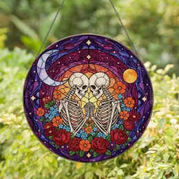 Romantic Souls' Celestial Stained Glass Skeleton Embrace with Jewel Tone Flowers & Moons Stained Glass Suncatcher