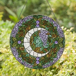 Nature Enthusiasts' Tiffany Stained Glass Opalescent Crescent Moon Wisteria & Foliage Jewel Tones Stained Glass Suncatcher