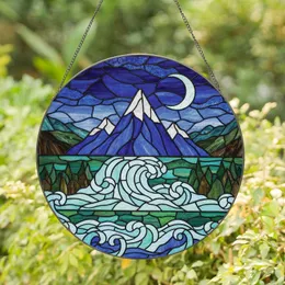 Nature Enthusiast's Intricate Tiffany Stained Glass Mountainscape Crescent Moon Deep Blue Aqua Mosaic Stained Glass Suncatcher