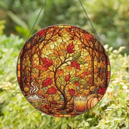 Autumn Art Lovers' Tiffany Stained Glass Fall Forest Mosaic with Jewel-Tone Leaves, Coffee, Pumpkin & Candle Stained Glass Suncatcher