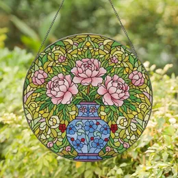 Floral Art Lovers' Vibrant Stained Glass Pink Peonies Blue Vase Garden Mosaic Stained Glass Suncatcher