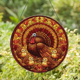 Autumn Lovers' Tiffany Stained Glass Majestic Turkey & Chibi Chicks Mosaic Art in Jewel Tones Stained Glass Suncatcher