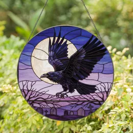 Mystical Art Lovers' Deep Purple Amber Stained Glass Raven Twilight Mosaic Stained Glass Suncatcher