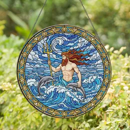 Mythology & Ocean Enthusiasts' Tiffany Stained Glass Sea God, Golden Trident, Dolphins, Vibrant Blue Waves Stained Glass Suncatcher