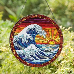 Ocean Lovers' Hokusai-Inspired Stained Glass Wave Sunset Art, Turbulent Blue Orange Red Tones Stained Glass Suncatcher