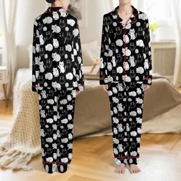 Cat Lovers' Cute Stylized Black White Grey Pastel Pink All-Over Cartoon Cat Pattern Satin Pajamas Set