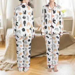 Cat Lovers' All-Over Playful Cartoon Cats Flat Graphic Design White Background Pastel Accents Satin Pajamas Set